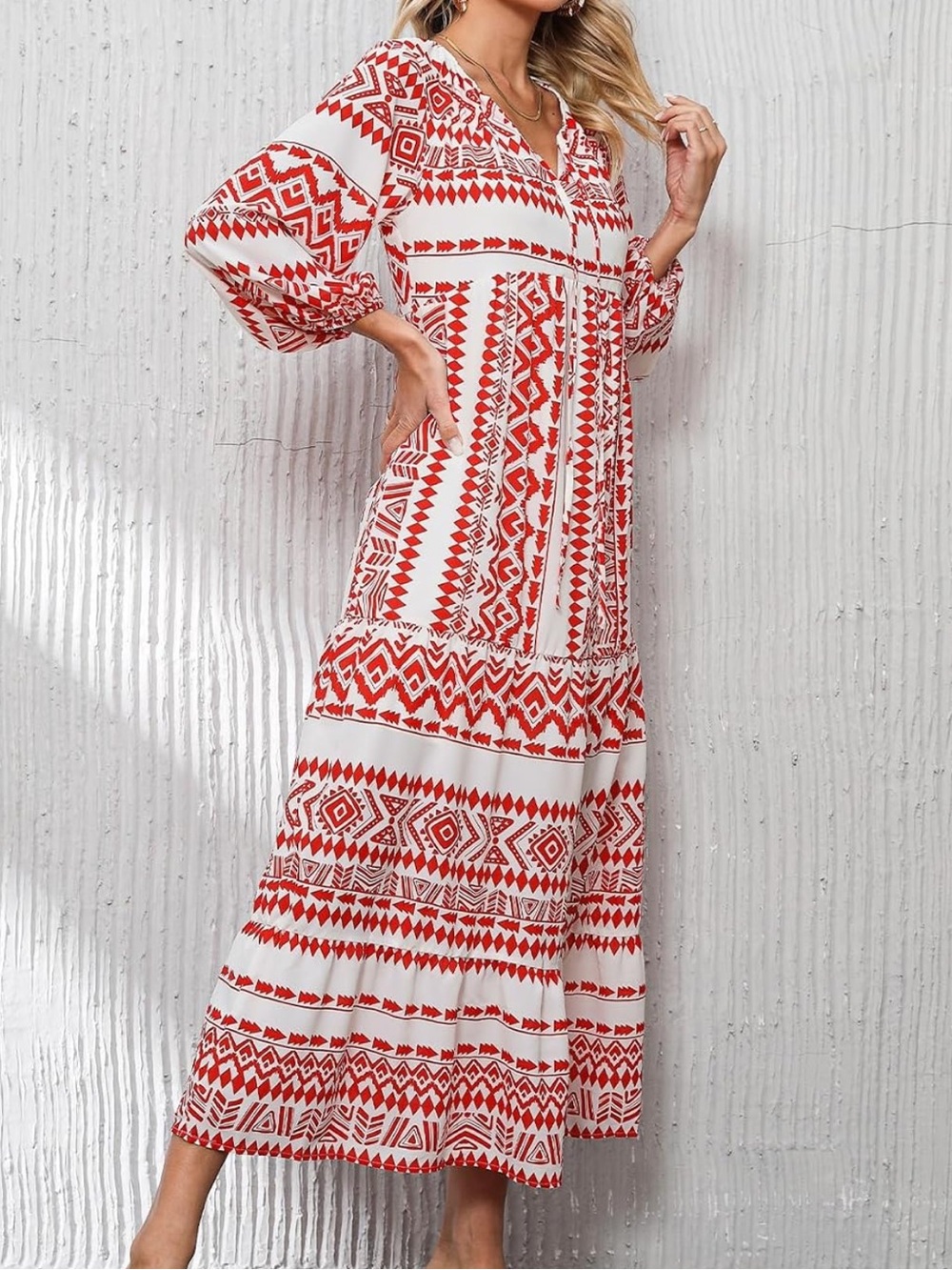 Red & White Printed Maxi Dress with V-Neck - Women